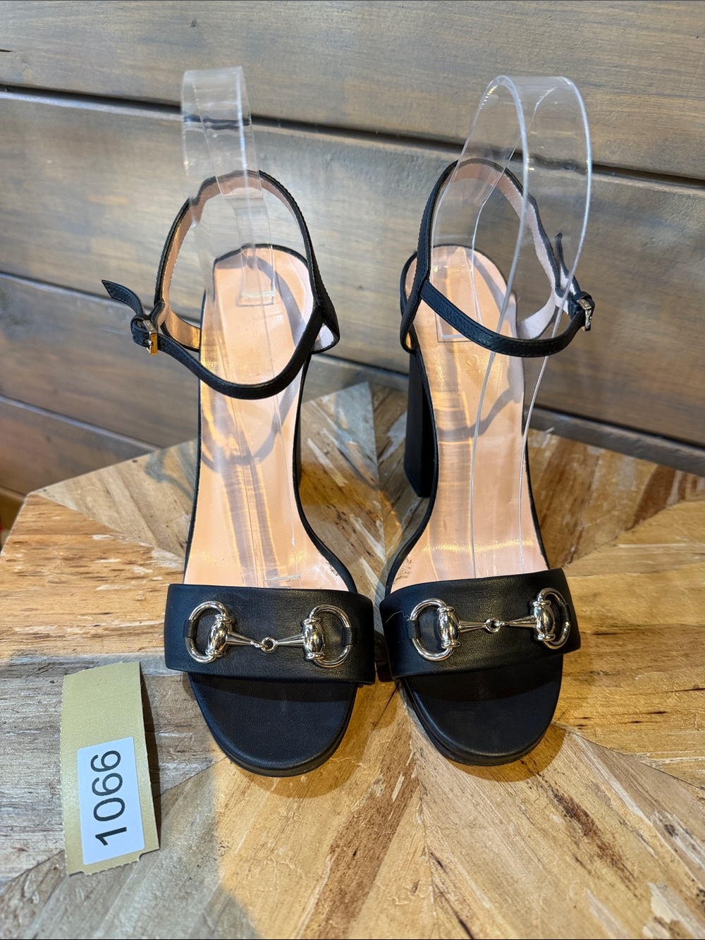 Gucci Black Leather Open-Toe Ankle-Strap Heels with Gold Horsebit